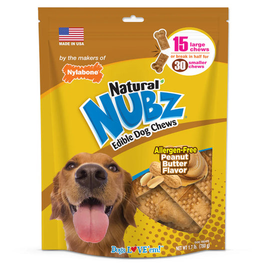 Nylabone Natural Nubz Dog Treats, AllergenFree Peanut Butter Peanut Butter, 1ea/Large 30 Lbs. 15 ct
