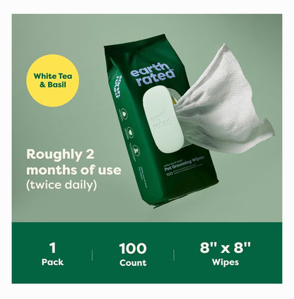 Earth Rated Dog Grooming Wipes White Tea & Basil 100 Count