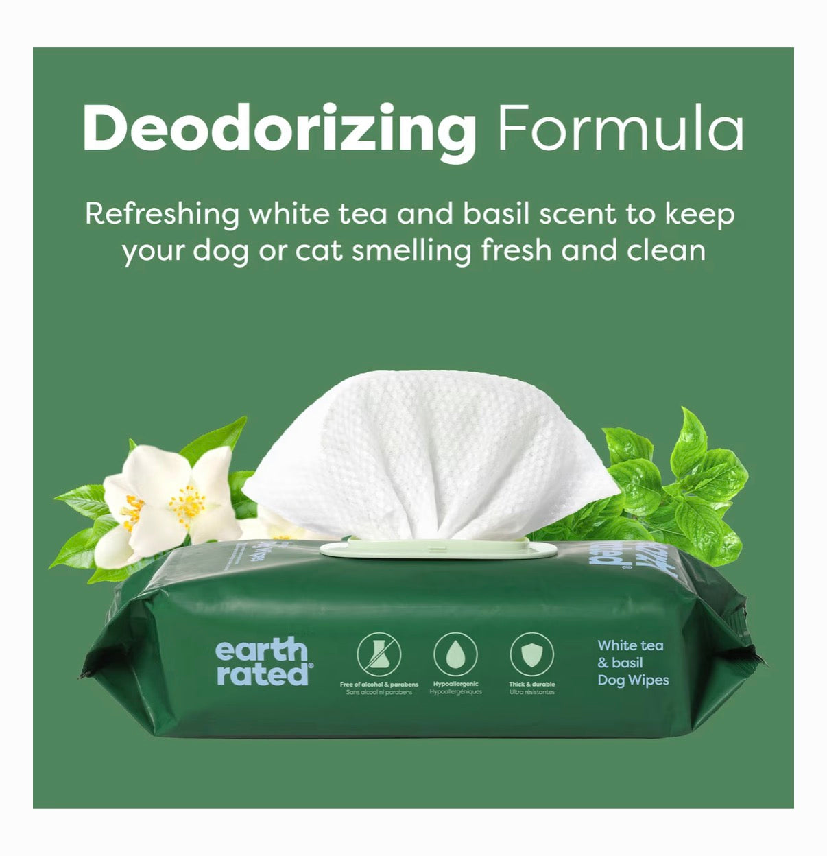 Earth Rated Dog Grooming Wipes White Tea & Basil 100 Count